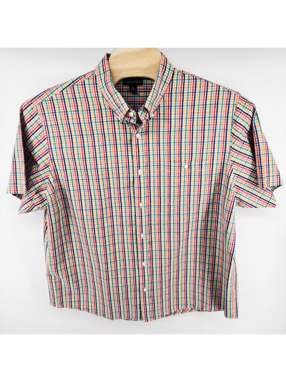 Lands End Colorful Seersucker Shirt XXL Plaid Mens Short Sleeve XXL100% Cotton